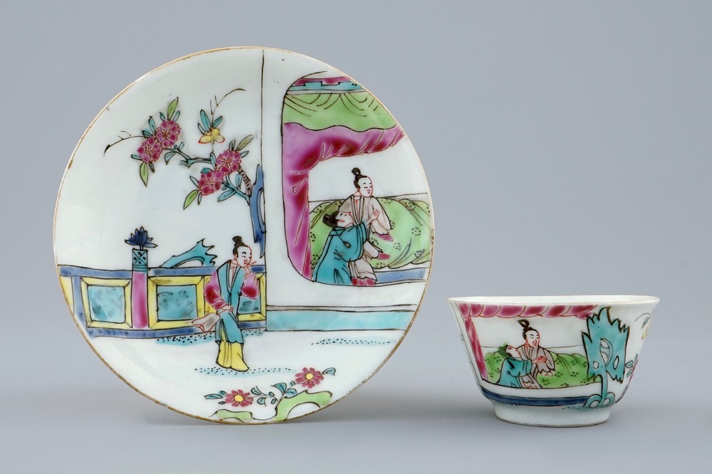 Een Chinese famille rose kop en schotel "De Romance van de Westelijke Kamer", Yongzheng, 1723-1735