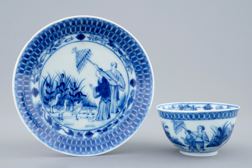 A Chinese blue and white cup and saucer with "La Dame au Parasol" after Pronk, ca. 1740