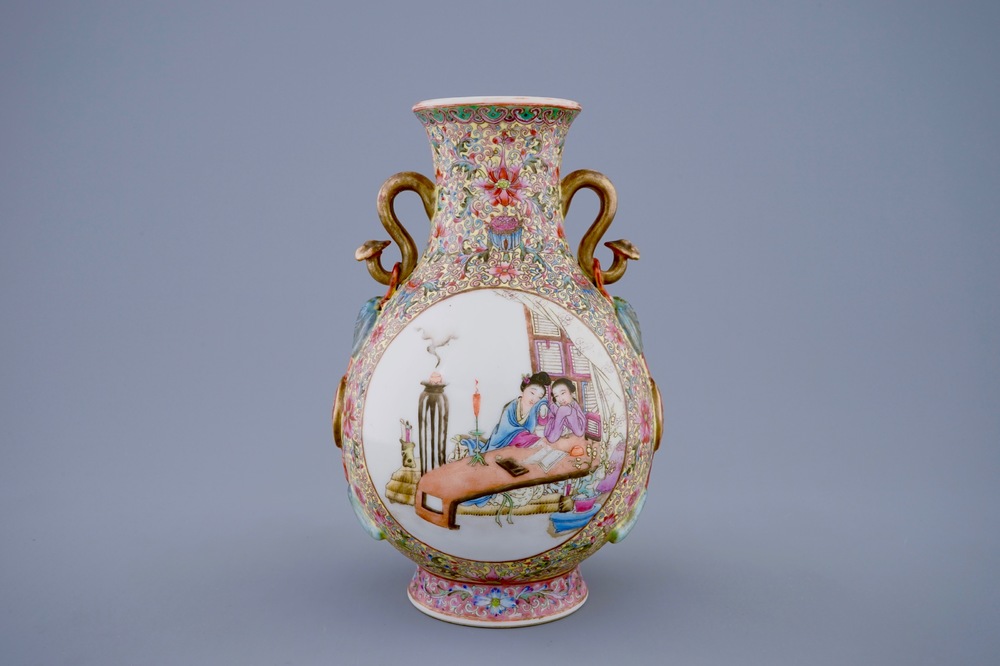 A Chinese famille rose hu vase, Republic, 20th C.