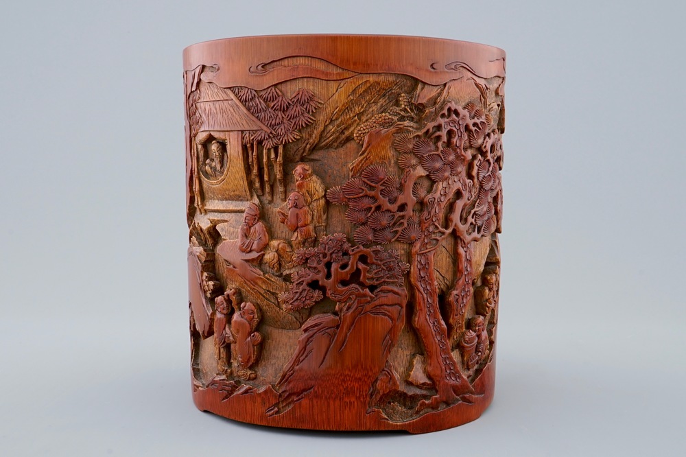 Un pot &agrave; pinceaux en bambou &agrave; d&eacute;cor d'un paysage, Chine, 18/19&egrave;me