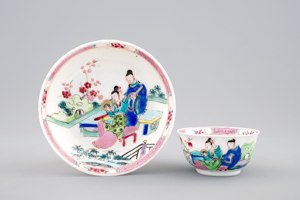 Een Chinese famille rose eierschaal kop en schotel met een tuinsc&egrave;ne, Yongzheng, 1723-1735