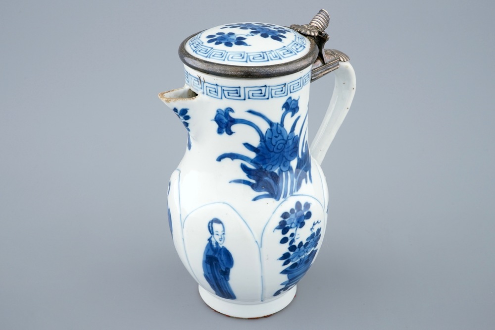 A Chinese blue and white silver-mounted jug and cover, Kangxi
