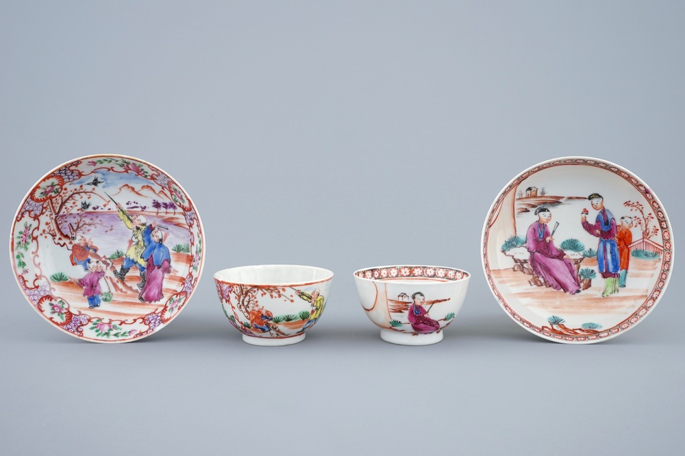 Two Chinese famille rose Mandarin cups and saucers, Qianlong
