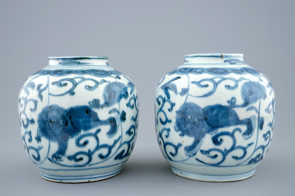 A pair of Chinese blue and white vases with buddhist lions, Ming, Wanli, 1573-1619
