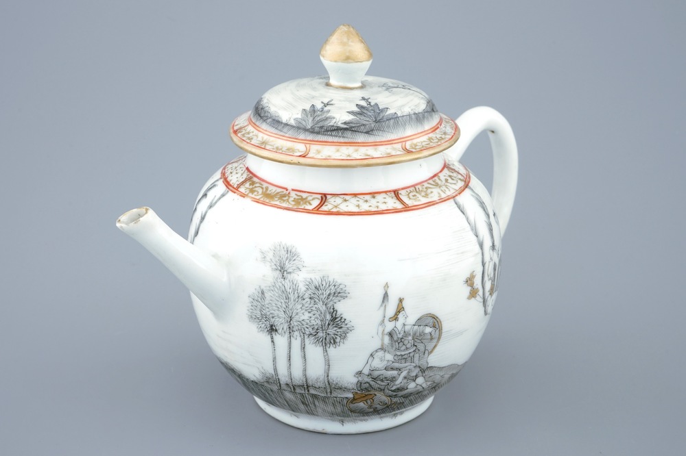A Chinese grisaille and gilt mythological teapot and cover with Minerva, Qianlong, 18th C.