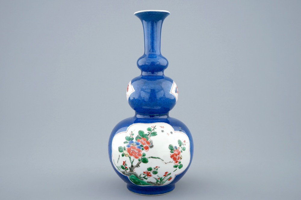 A Chinese famille verte powder blue triple gourd vase, Kangxi