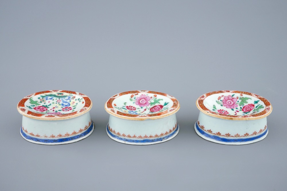 Three Chinese famille rose export porcelain salts, Qianlong, 18th C.