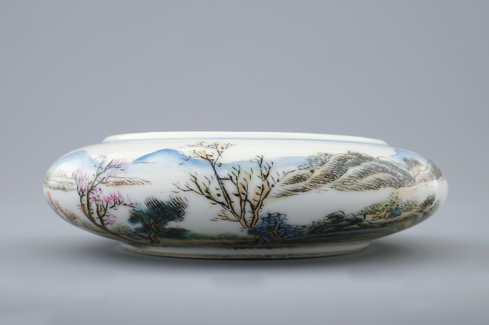 A Chinese famille rose brush washer with a fine landscape, Republic, 20th C.