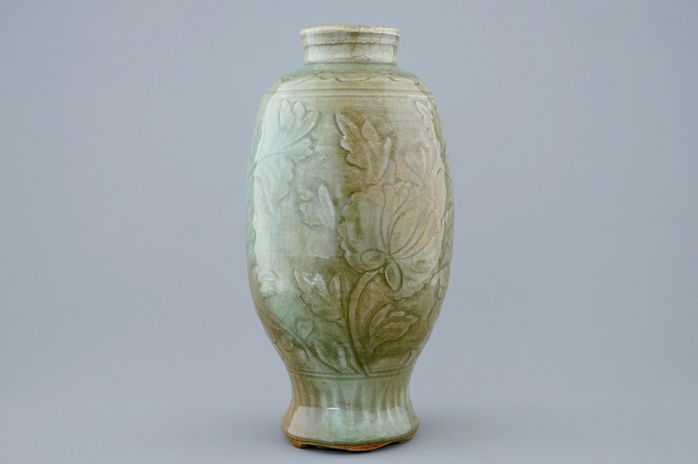 A Chinese incised Longquan celadon vase, Ming Dynasty