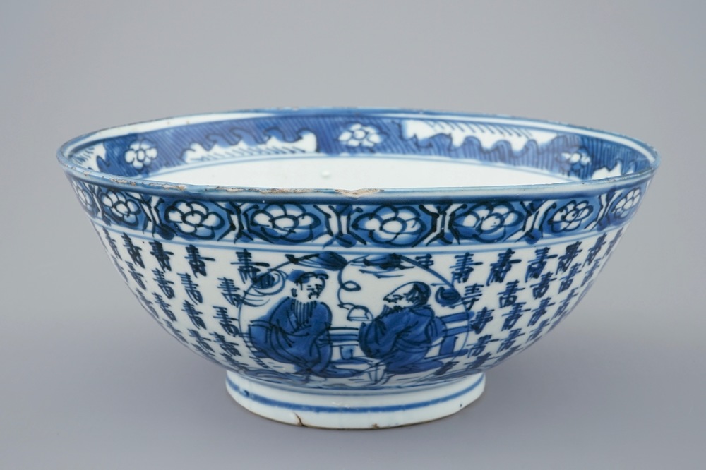 A blue and white Chinese bowl with Shou Lao on a crane, Transitional period, 1620-1683