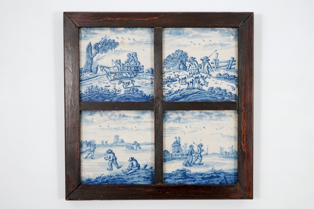 Een set van vier fraaie blauw-witte "Openlucht" tegels, 18e eeuw
