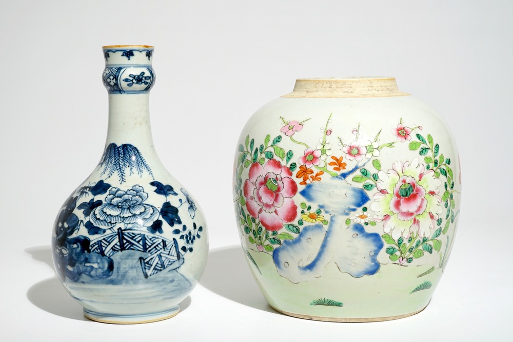 A Chinese famille rose ginger jar and a blue and white bottle vase, Qianlong/Jiaqing
