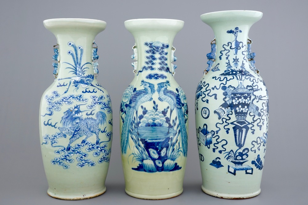 Three tall Chinese blue and white on celadon ground vases, 19th C.