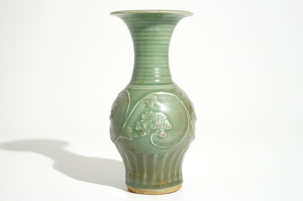 A Chinese Longquan celadon "peony" vase, late Song or Ming
