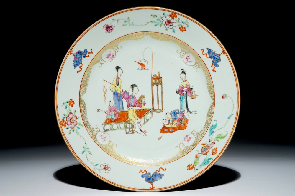 A Chinese famille rose charger with "long elizas" and little boys, Qianlong
