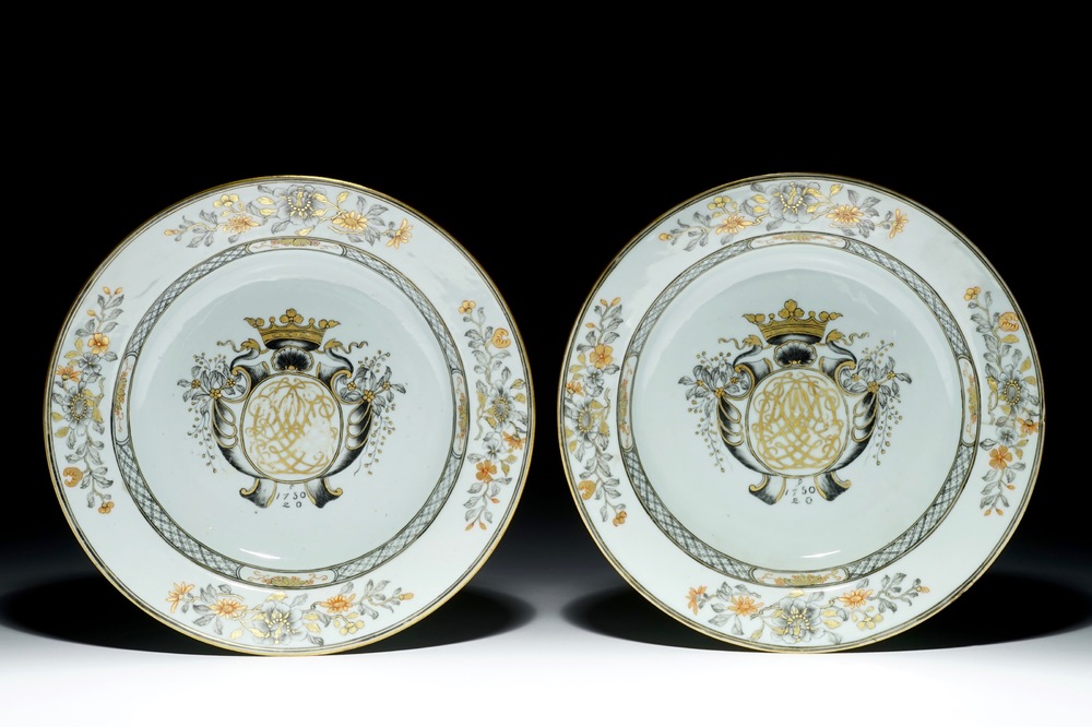 A pair of Chinese grisaille and gilt armorial monogrammed plates, dated 1750, Qianlong