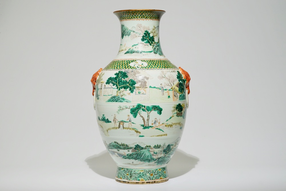 A tall Chinese famille verte vase with landscape and calligraphy design, 19th C.