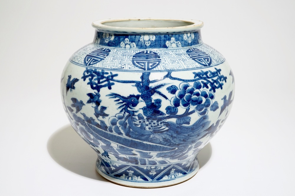 A Chinese blue and white baluster-shaped "phenix" jar with shou symbols, 19th C.