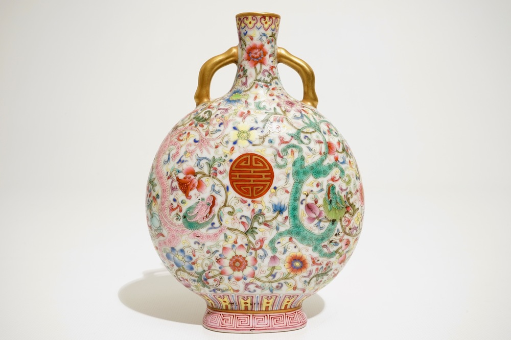 A Chinese famille rose "dragon" moonflask, 20th C.