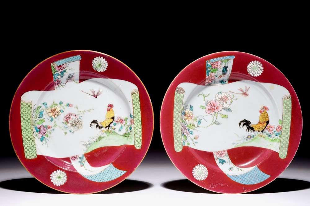 A pair of Chinese famille rose ruby ground rooster plates, Yongzheng