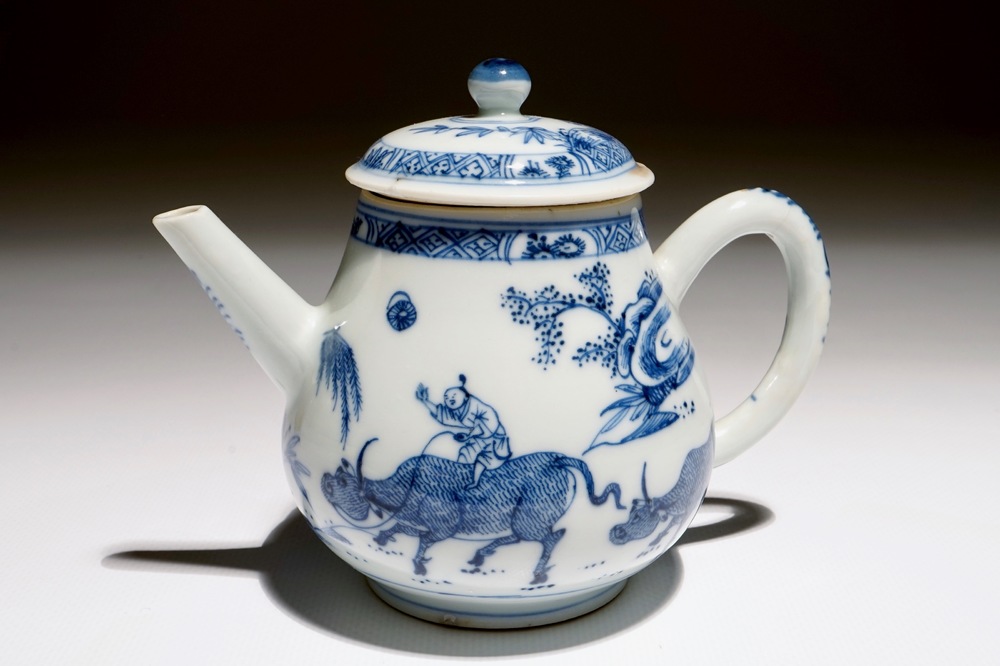 A Chinese blue and white "buffalo riding" teapot, Yongzheng