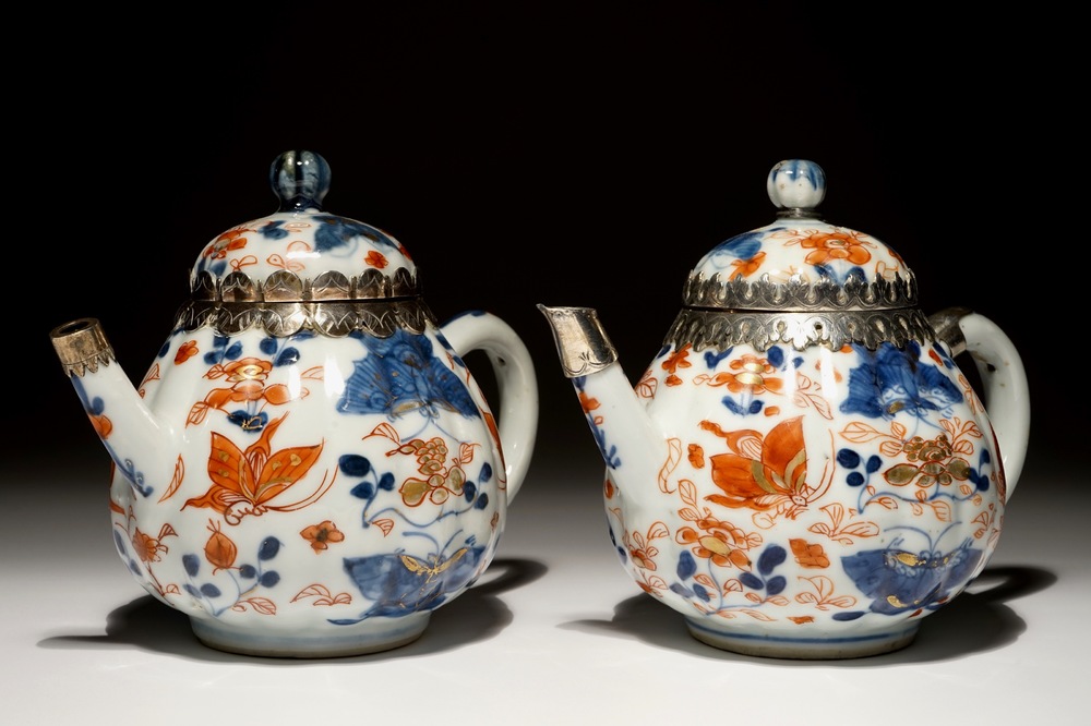 A pair of Chinese silver-mounted gilt Imari-style teapots and covers, Kangxi