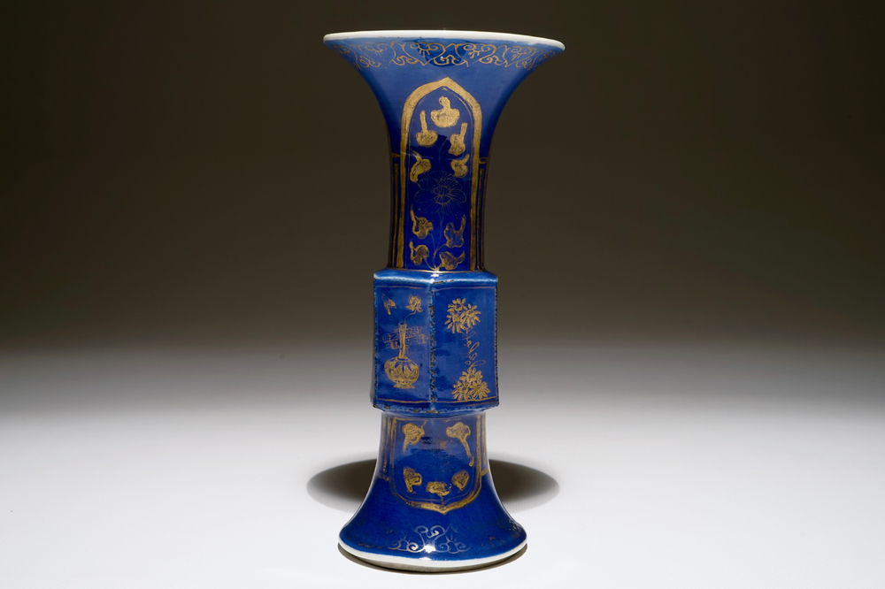 Een Chinese bleu poudr&eacute; gu vaas met verguld decor, Kangxi