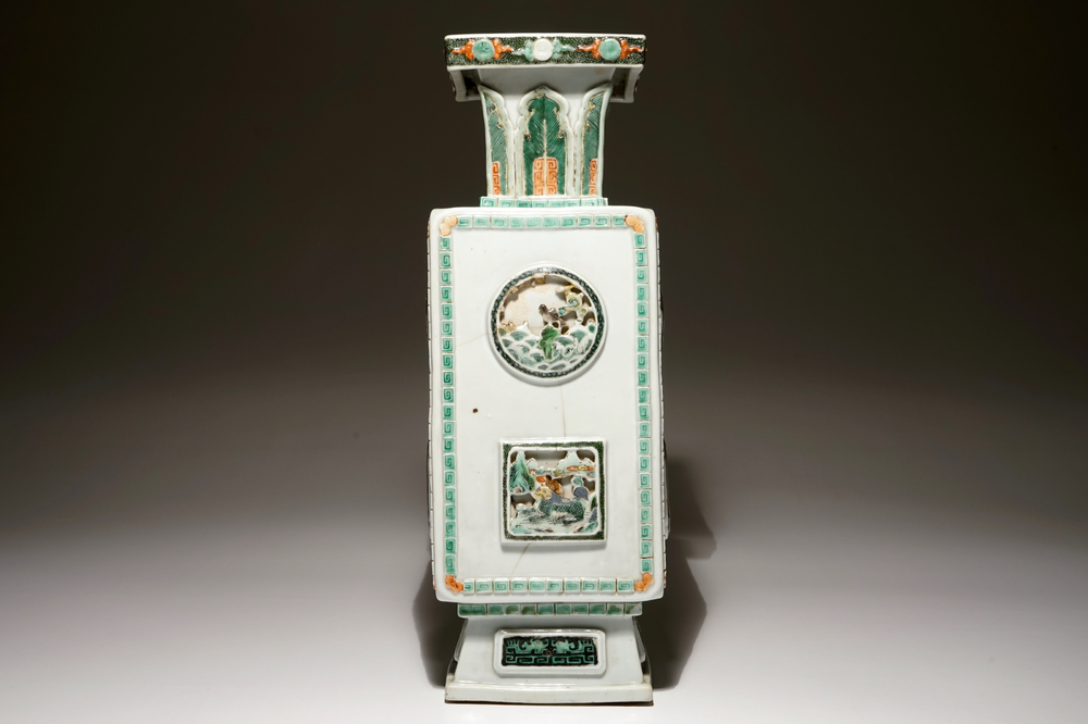 A square Chinese famille verte vase with applied panels, Kangxi