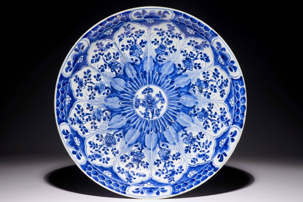 A Chinese blue and white charger with floral design, Kangxi