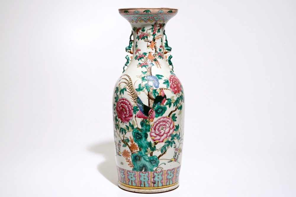A large Chinese famille rose vase with birds and flowers, 19th C.