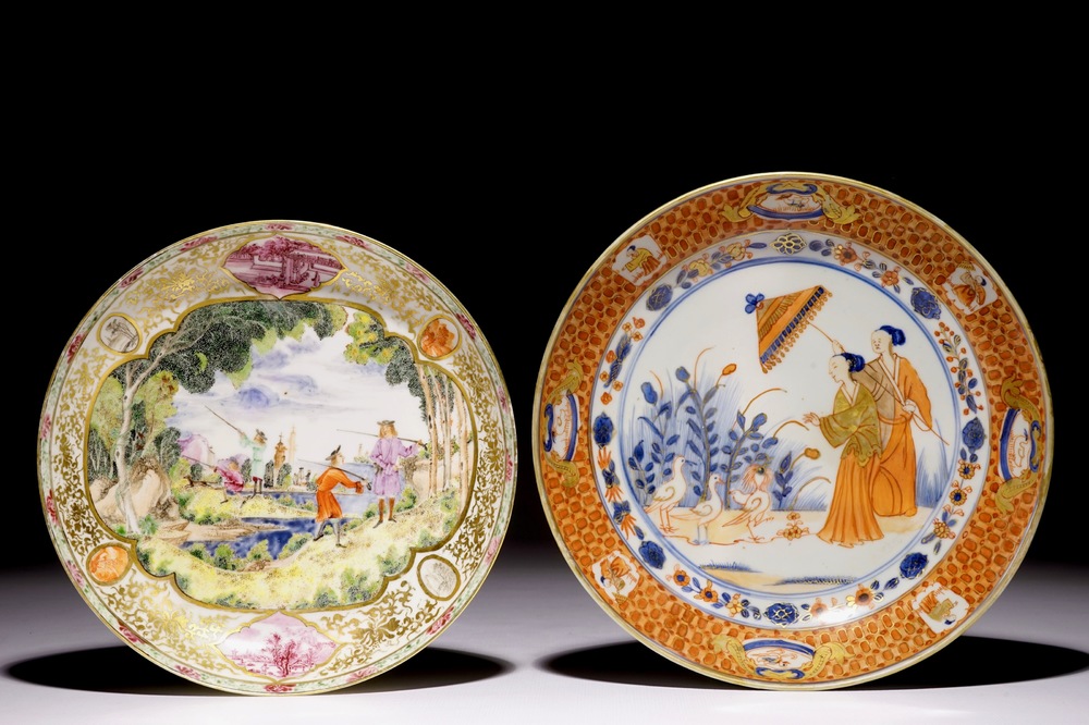 A Chinese Imari Cornelis Pronk: &ldquo;Dames au Parasol" plate and a Meissen-style plate with a hunting scene, Qianlong