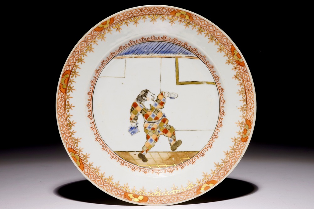 A polychrome Chinese "South Sea bubble" plate with a harlequin, Kangxi/Yongzheng