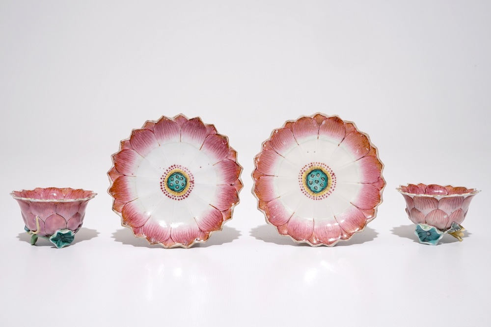 A pair of Chinese famille rose lotus-shaped cups and saucers, Yongzheng