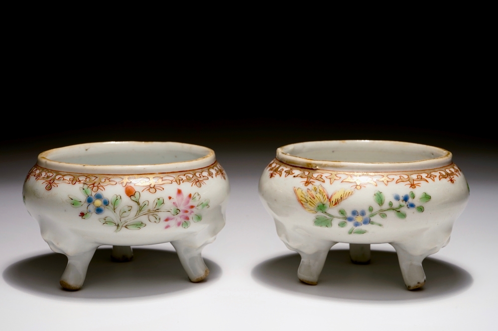 A pair of Chinese famille rose tripod salts, Qianlong