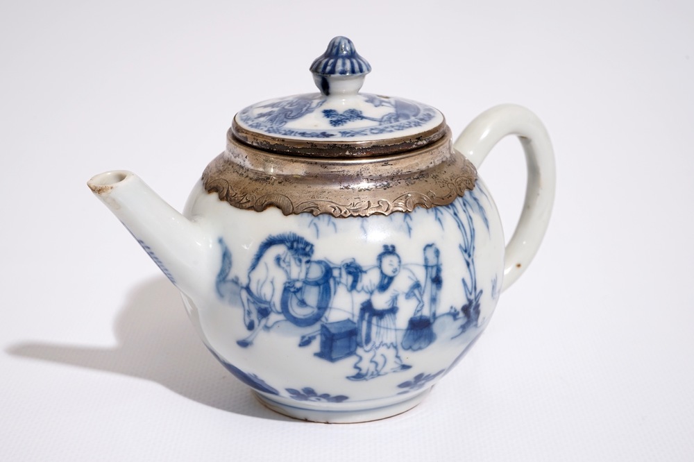 A Chinese silver-mounted blue and white covered teapot, Kangxi
