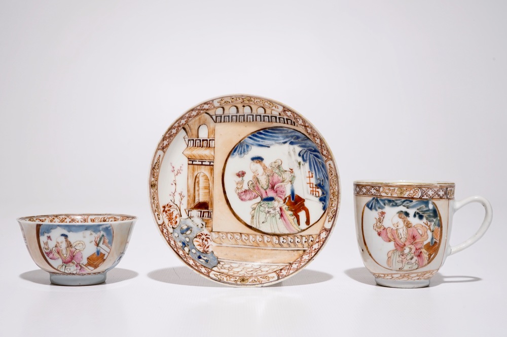 Deux tasses et soucoupe en porcelaine de Chine famille rose, Yongzheng