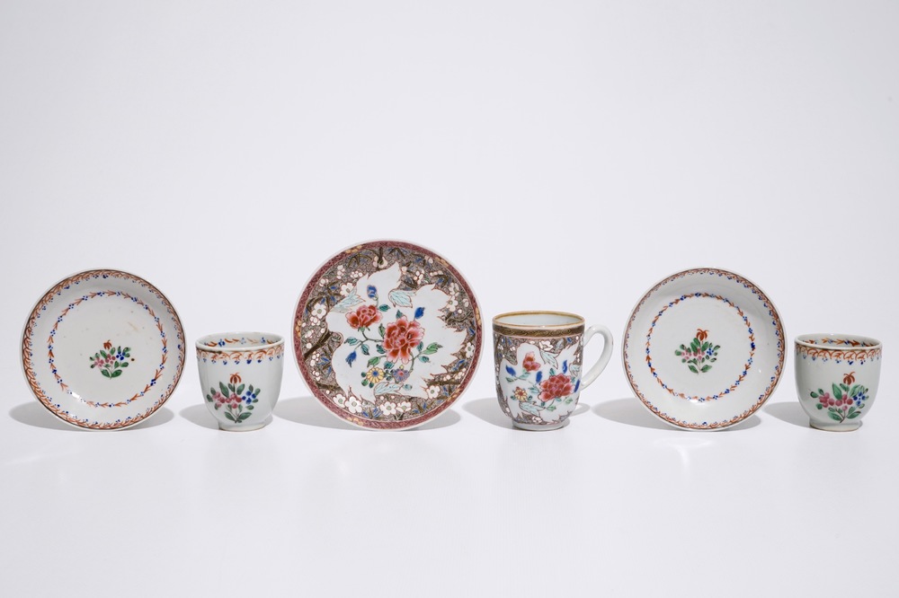 Three Chinese famille rose cups and saucers, Qianlong