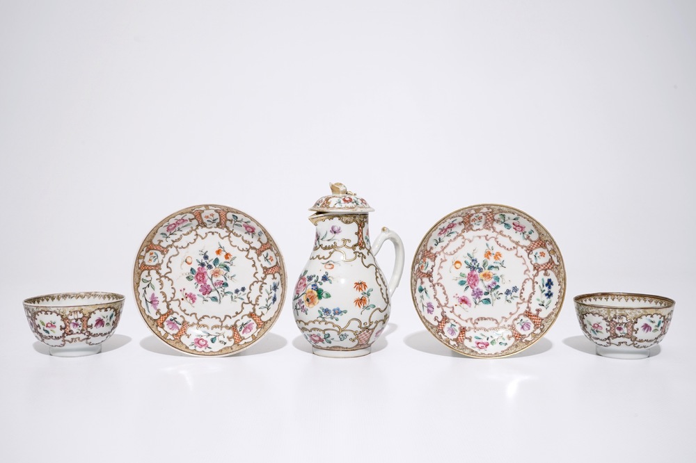 A pair of Chinese export cups and saucers and a milk jug and cover, Qianlong