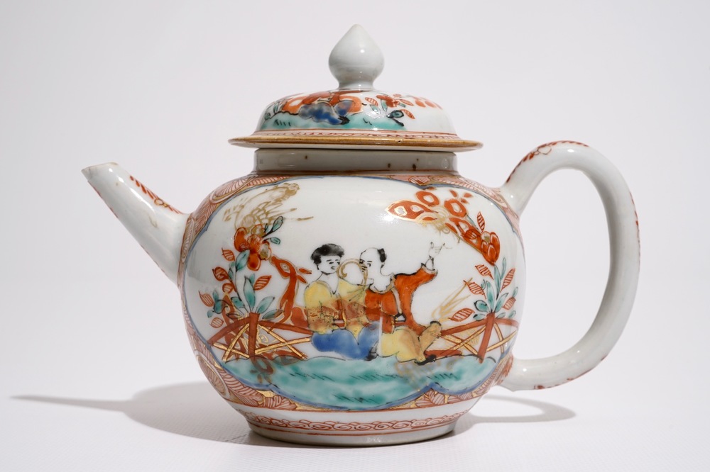 A Dutch-decorated Amsterdams bont teapot and cover, Qianlong