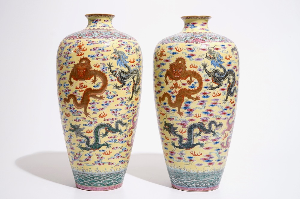 A pair of tall Chinese yellow ground meiping dragon vases, Qianlong mark, 20th C.