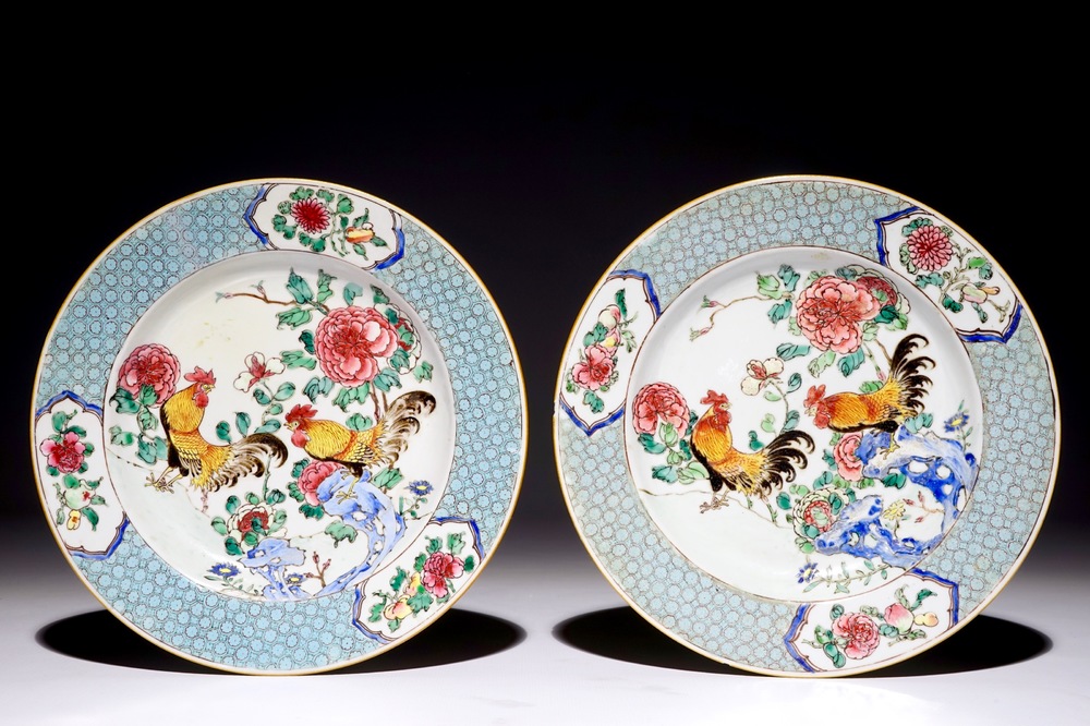 A pair of Chinese famille rose cockerel plates, Yongzheng