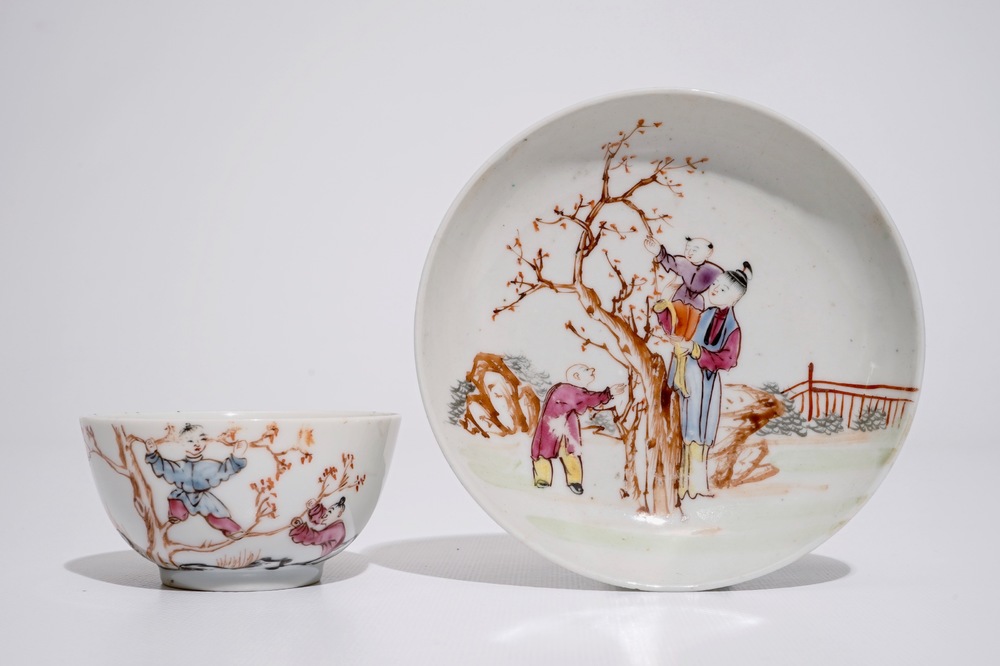A Chinese famille rose mandarin cup and saucer, Qianlong
