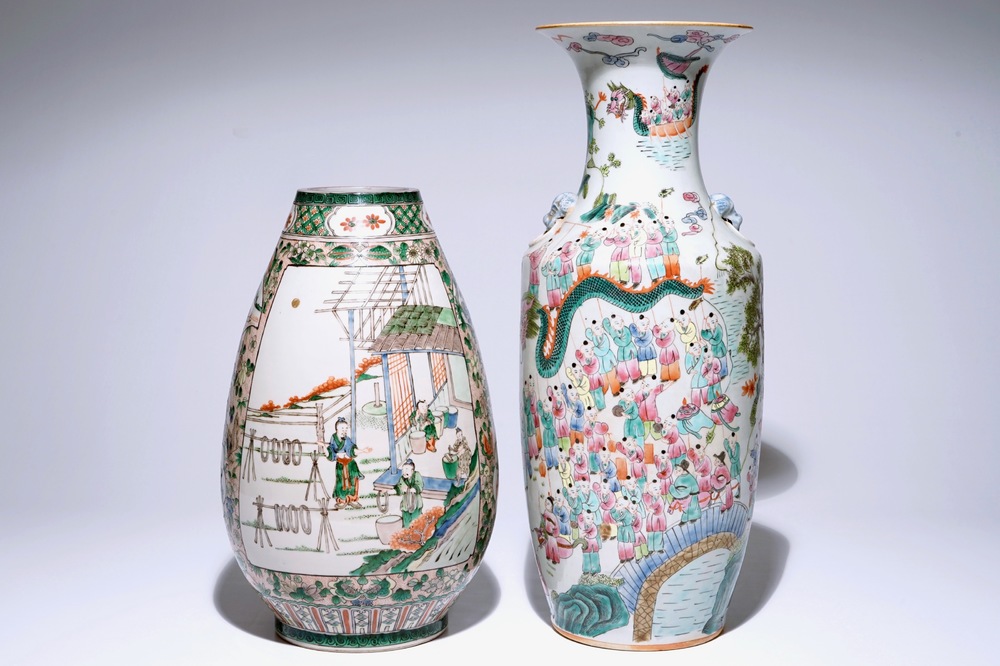 A Chinese famille verte silk production vase and a famille rose "Hundred boys" vase, 19/20th C.