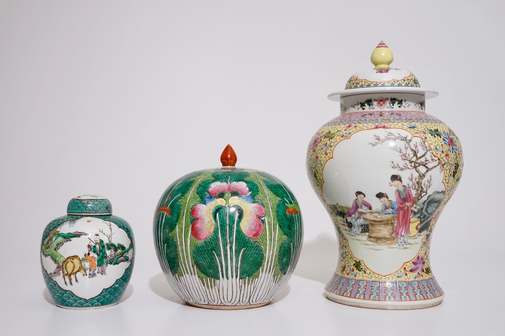 Two Chinese famille rose vases and covers and a small covered famille verte ginger jar, 19/20th C.