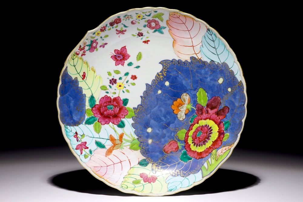 A Chinese famille rose &ldquo;tobacco leaf&rdquo; dish, Qianlong
