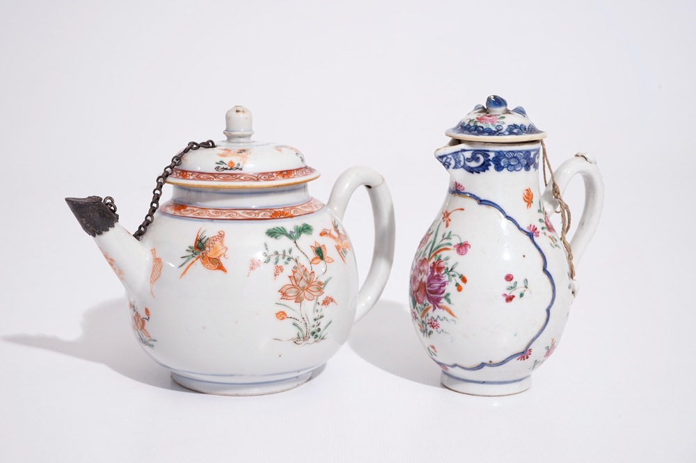 A Chinese famille verte teapot, Kangxi, and a famille rose milk jug, Qianlong