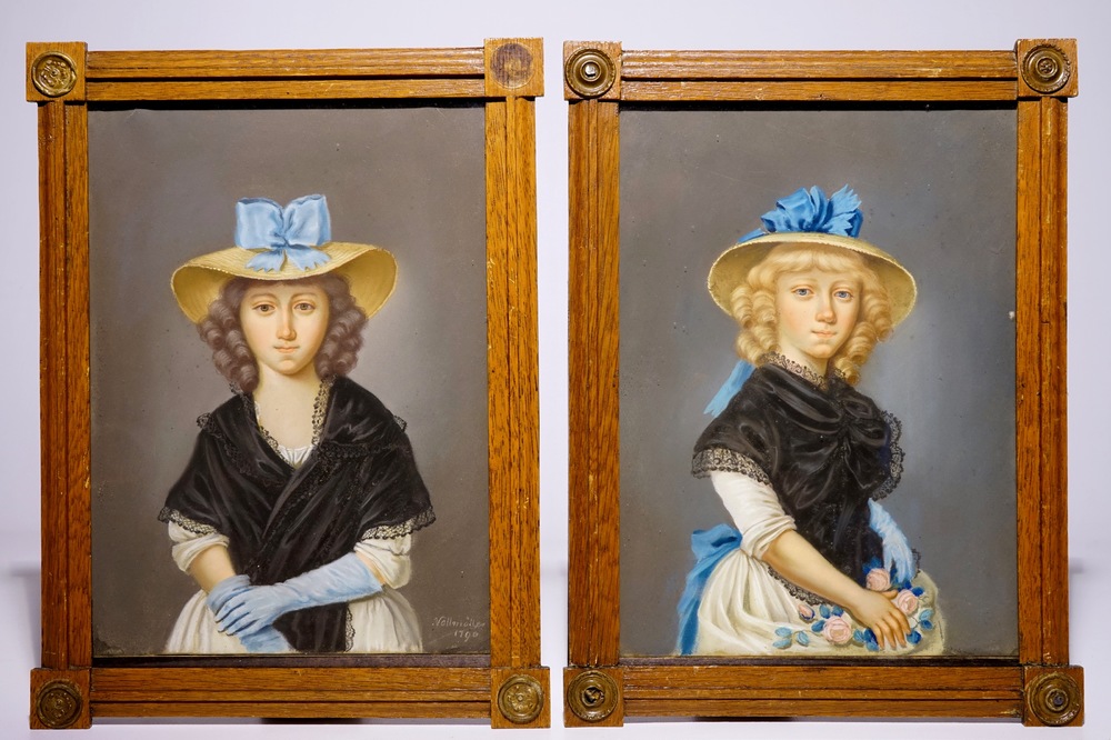 Une paire de portraits de jeunes filles en pastel, sign&eacute; Vollm&ouml;ller, dat&eacute; 1790