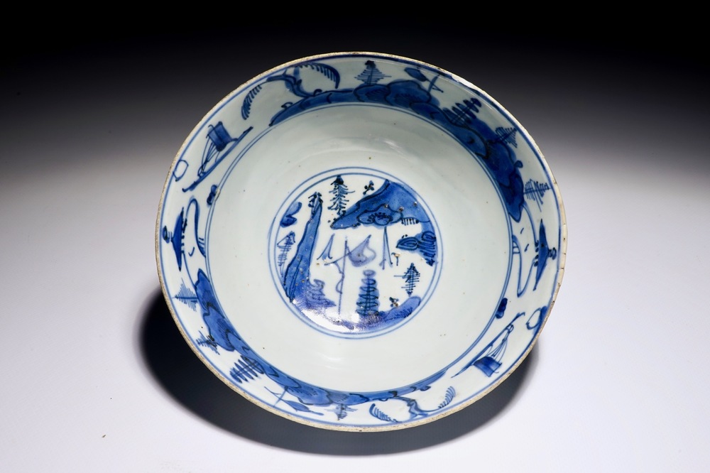 A blue and white Chinese bowl with a landscape design, Ming, Wanli/Jiajing