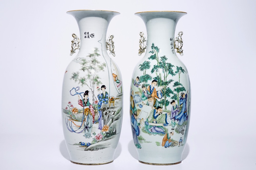 Two tall Chinese famille rose vases with calligraphy, 19/20th C.