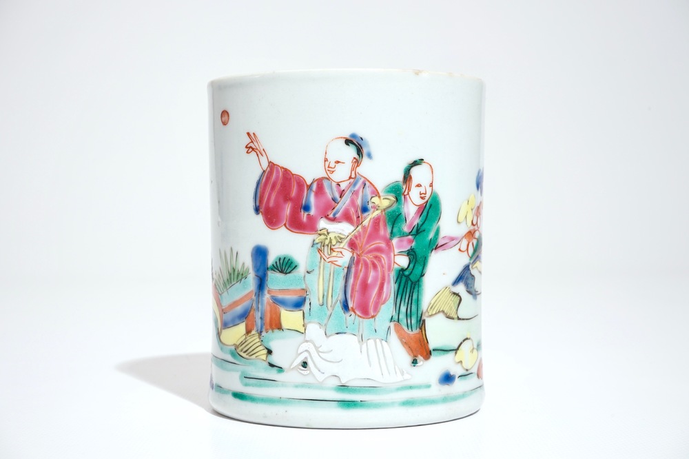 A cylindrical Chinese famille rose brushpot with figures in a garden, Qianlong